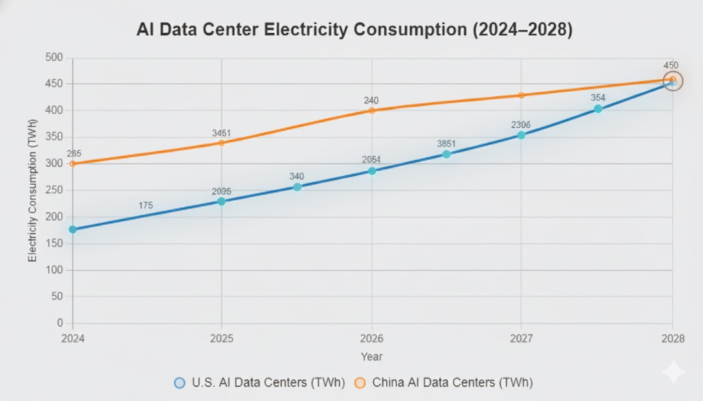 Chart showing AI data center electricity consumption projections from 2024 to 2028